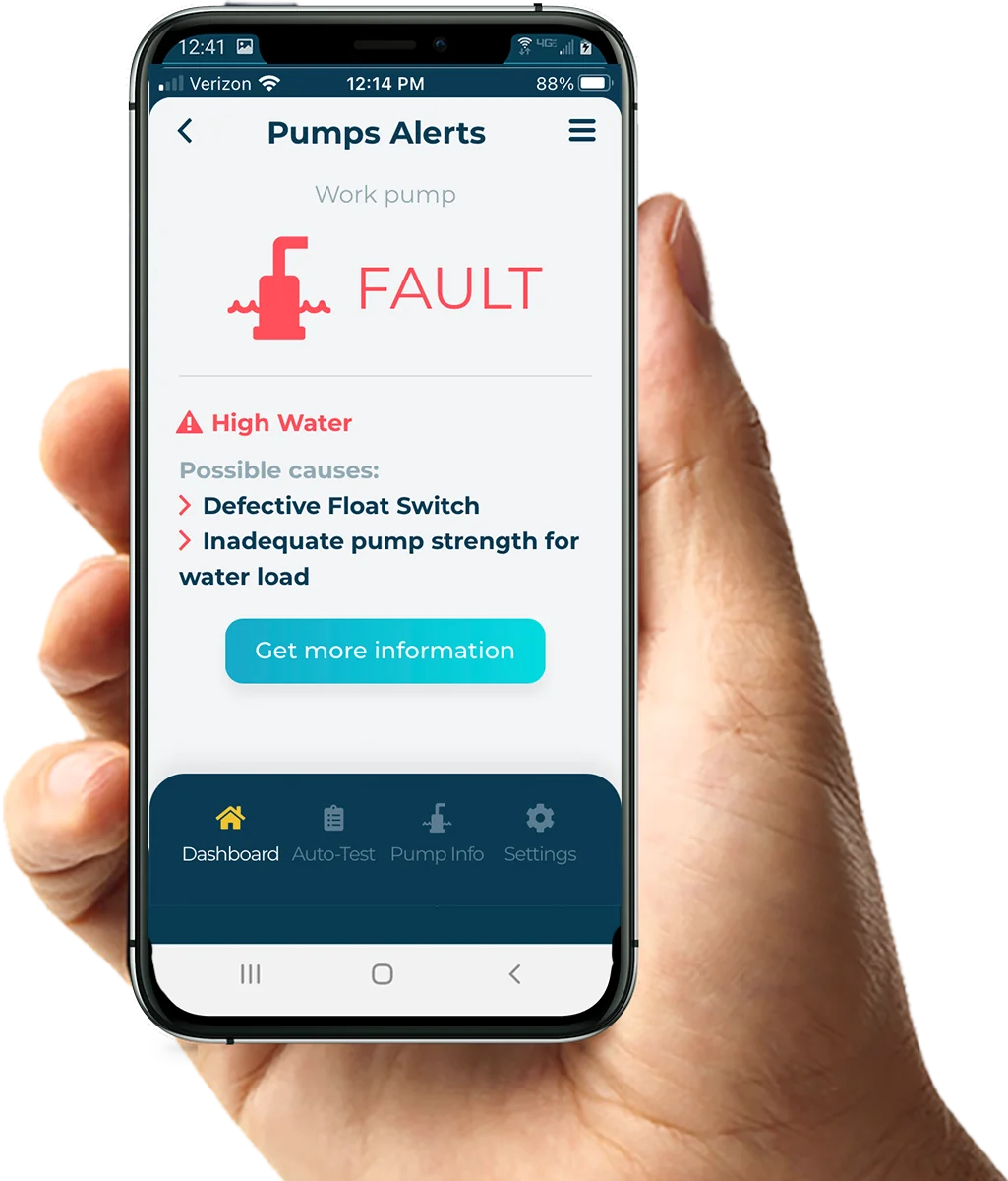 Basement Defender app showing a Pumps Alert: FAULT, High Water, with possible causes