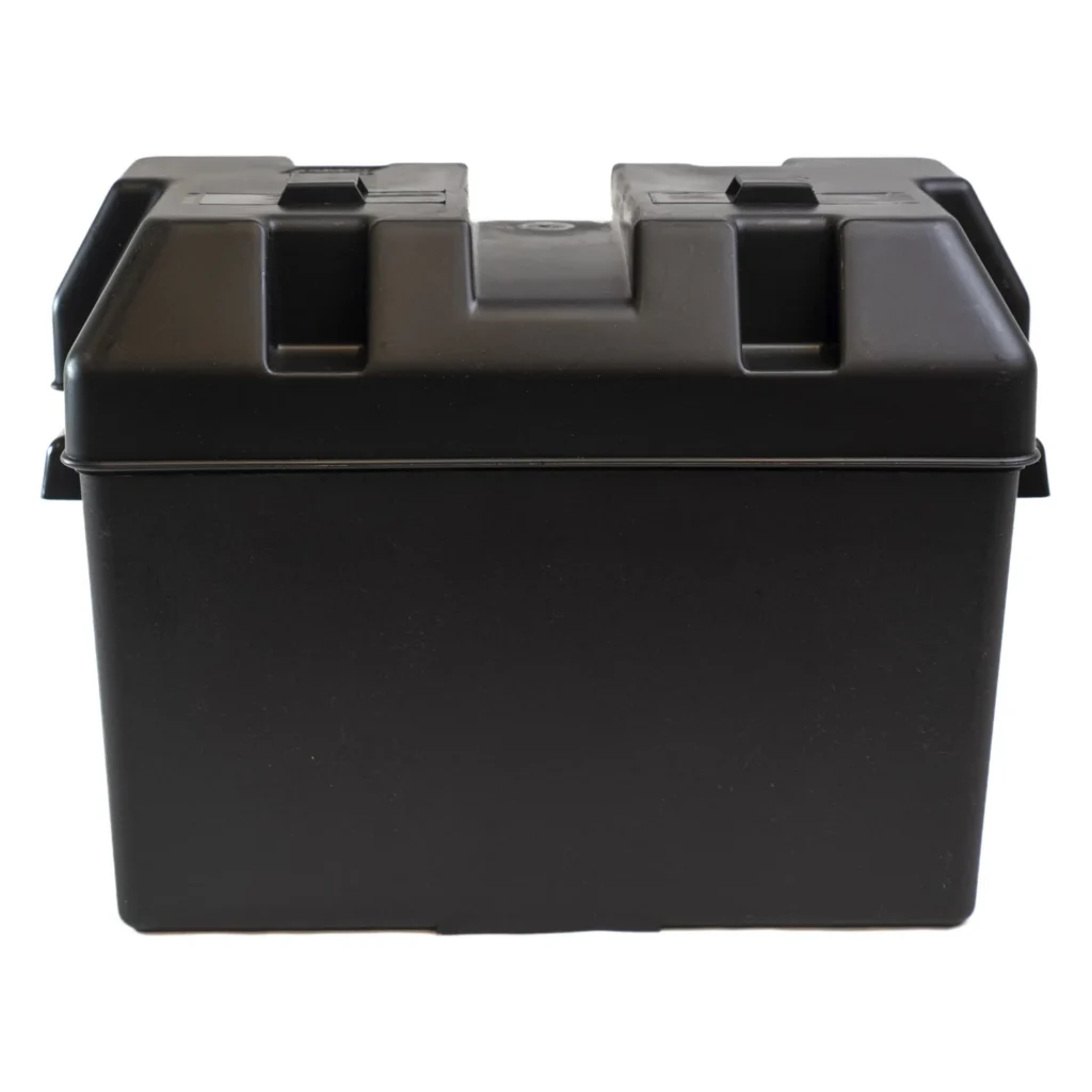 Basement Defender heavy-duty 12V battery box with lid installed, front view