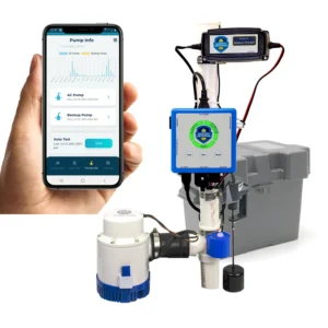Basement Defender Wi-Fi Battery Backup Sump Pump System with DC backup pump, battery box, charger, monitor unit and phone app