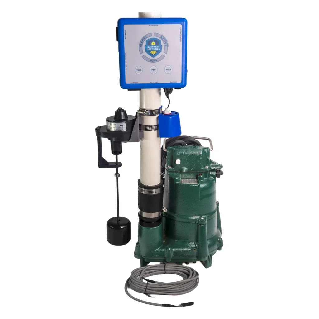 Basement Defender Wi-Fi Sump Pump System with Zoeller N98 1/2 HP AC pump, monitor unit, float switches and temperature and humidity sensor, assembled